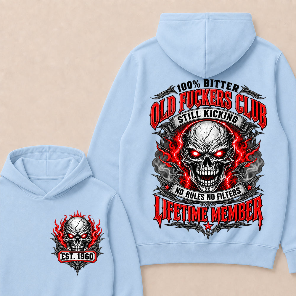 100% Bitter Old Fuckers Club Lifetime Member – Custom EST.Year Red-Eyed Skull Graphic Hoodie