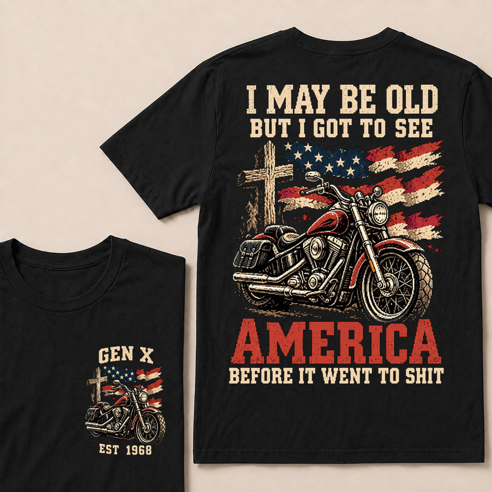 Vintage American Motorcycle & Cross T-Shirt | Patriotic Biker "I May Be Old" Graphic Tee
