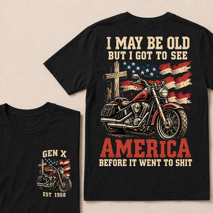 Vintage American Motorcycle & Cross T-Shirt | Patriotic Biker "I May Be Old" Graphic Tee