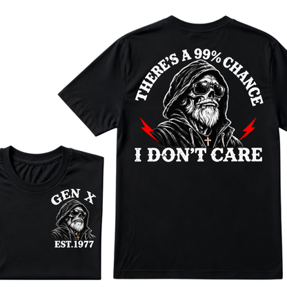 Gen X EST.Year There's A 99% Chance I Don't Care Bearded Skull Hooded Graphic T-Shirt