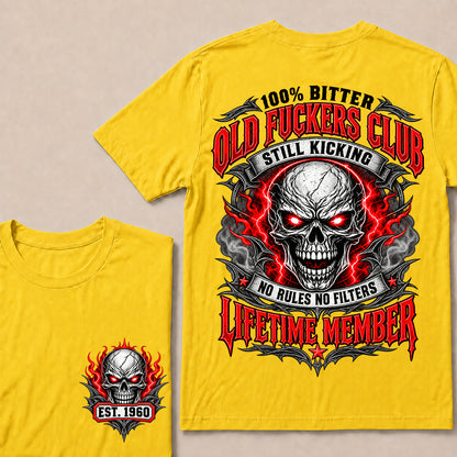 100% Bitter Old Fuckers Club Lifetime Member – Custom EST.Year Red-Eyed Skull Graphic T-Shirt