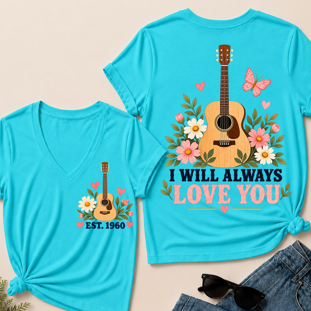 I Will Always Love You – Custom EST.Year Floral Acoustic Guitar Women’s V-Neck T-Shirt