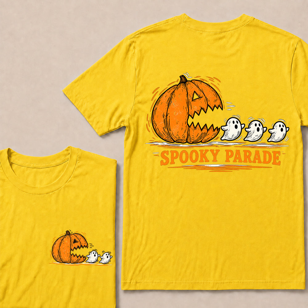 Spooky Parade – Vintage Halloween Pumpkin & Ghosts Graphic T-Shirt