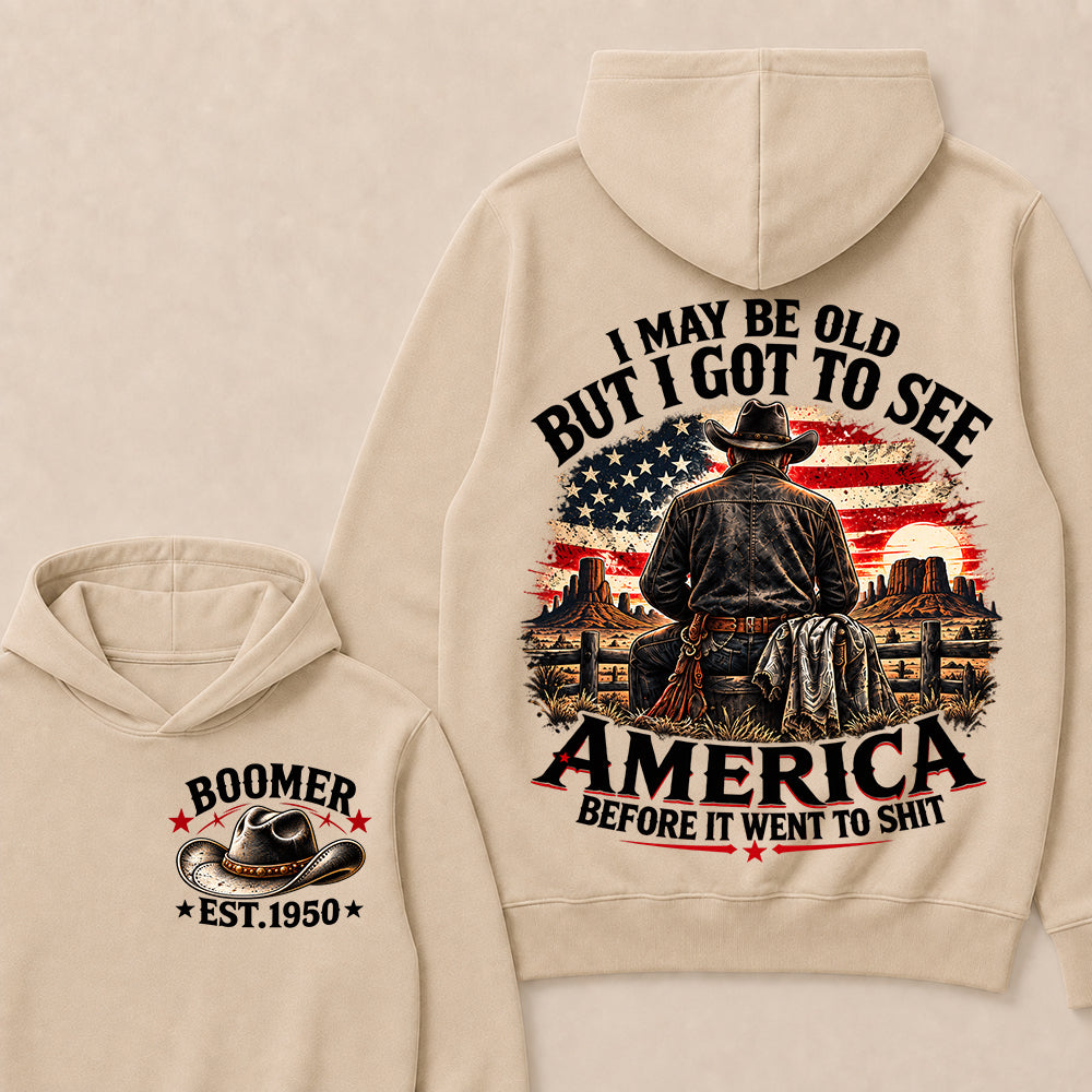 Boomer Custom Year Hoodie, Vintage Western Cowboy Graphic Tee, "I May Be Old But I Got To See America" Back Print