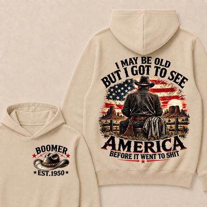 Boomer Custom Year Hoodie, Vintage Western Cowboy Graphic Tee, "I May Be Old But I Got To See America" Back Print