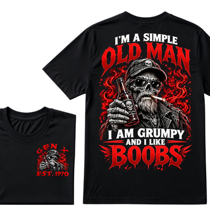 "I'm A Simple Old Man, I Am Grumpy And I Like Boobs" – GEN X EST.1970 Skull & Beer Graphic Tee