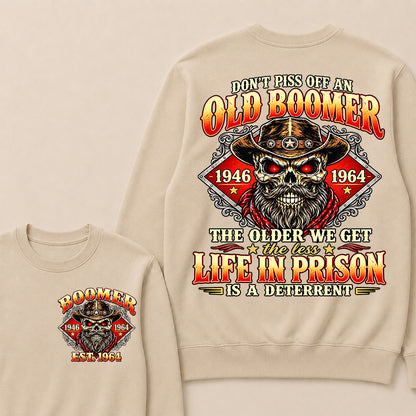 Custom EST.Year Don't Piss Off An Old Boomer The Older We Get The Less Life In Prison Is A Deterrent – Vintage Cowboy Skull Graphic Sweatshirt