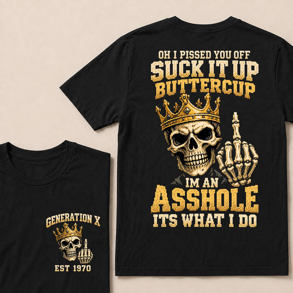 Retro Pixel Gold Crown Skull T-Shirt | "Suck It Up Buttercup" Sarcastic Gen X Tee
