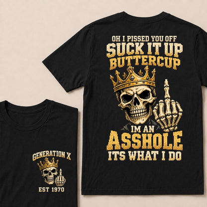 Retro Pixel Gold Crown Skull T-Shirt | "Suck It Up Buttercup" Sarcastic Gen X Tee