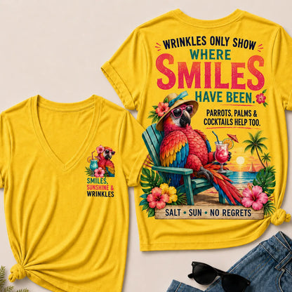 Wrinkles Only Show Where Smiles Have Been Funny Retirement V-Neck Tee For Women – Tropical Parrot Beach Vacation Graphic V-Ne