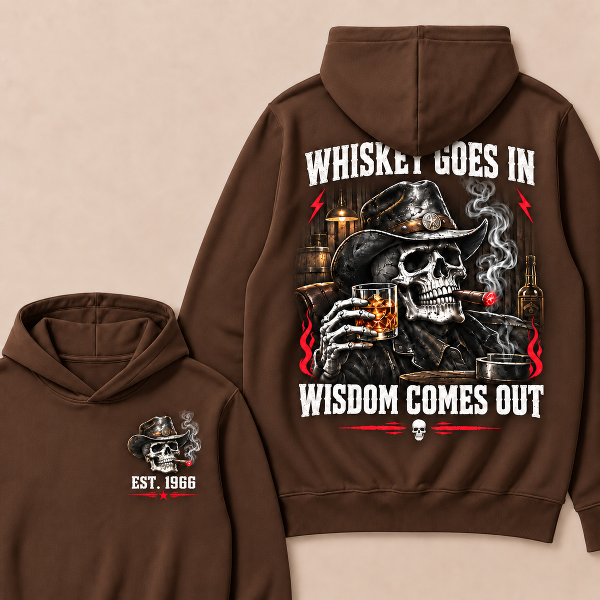 "Whiskey Goes In, Wisdom Comes Out"–Custom EST.Year Cowboy Skull & Cigar Hoodie