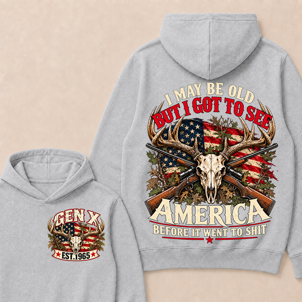 Funny Gen X Hunter Hoodie, Vintage Deer Skull American Flag Tee, Retro 1965 Hunting Gift, Patriotic Hunter Hoodie