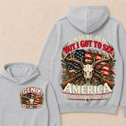 Funny Gen X Hunter Hoodie, Vintage Deer Skull American Flag Tee, Retro 1965 Hunting Gift, Patriotic Hunter Hoodie