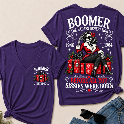 Boomer The Badass Generation Before All You Sissies Were Born – Custom EST. Year Christmas Skeleton & Gifts Women’s V-Neck T-Shirt