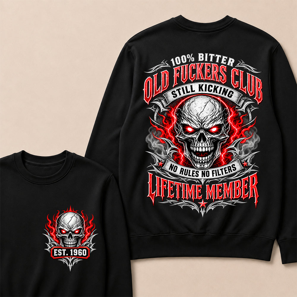 100% Bitter Old Fuckers Club Lifetime Member – Custom EST.Year Red-Eyed Skull Graphic Sweatshirt