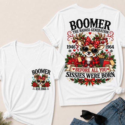Boomer The Badass Generation – Christmas Reindeer Women's V-Neck T-Shirt