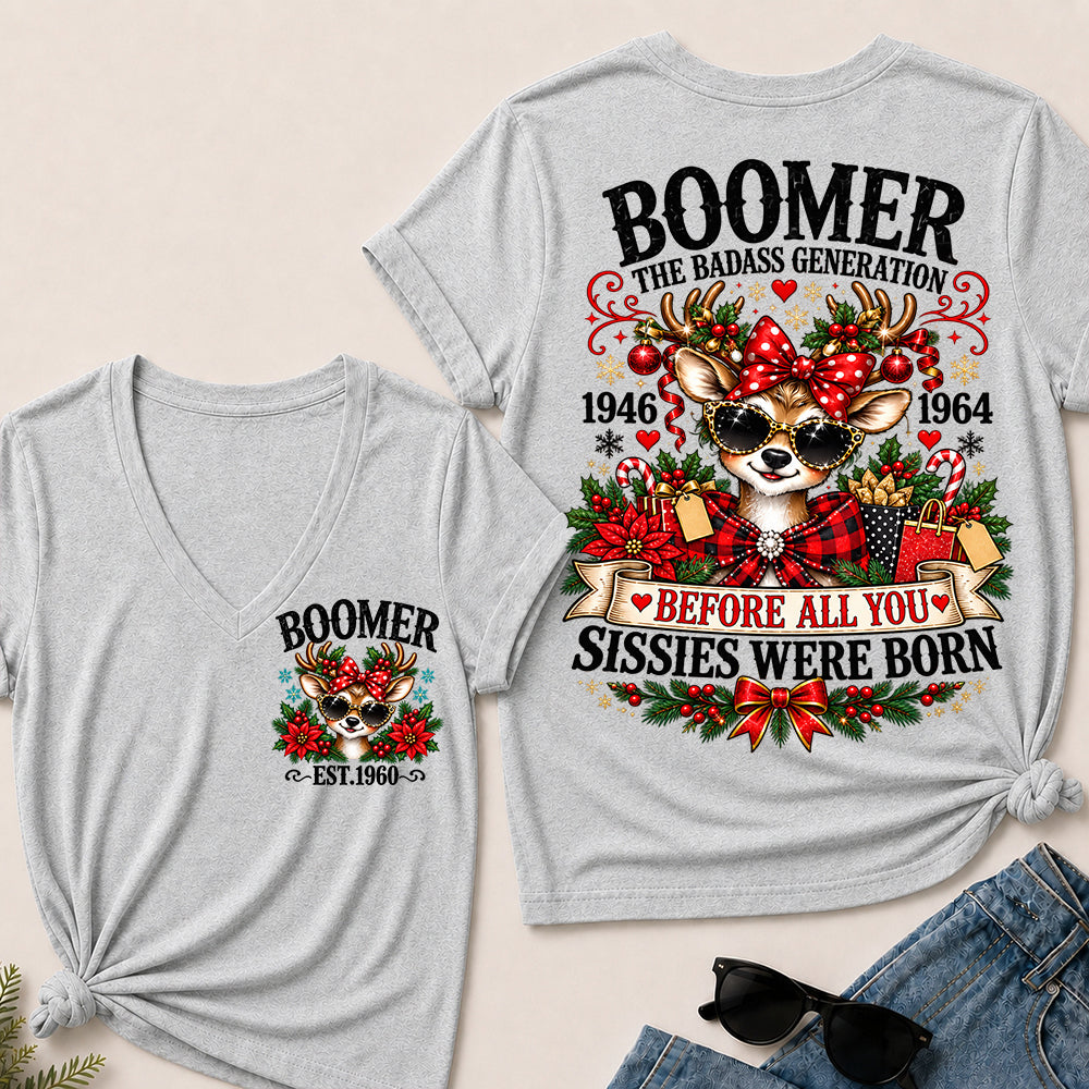 Boomer The Badass Generation – Christmas Reindeer Women's V-Neck T-Shirt