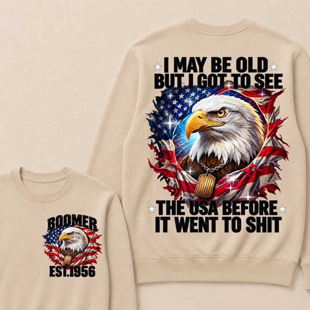 Boomer EST.Year I May Be Old But I Got To See America Longhorn Skull Retro Patriotic Eagle Sweatshirt