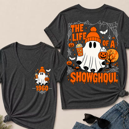 The Life of a Showghoul – Custom Birth Year Halloween Ghost & Pumpkin Women’s V-Neck T-Shirt