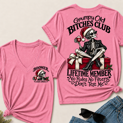 Grumpy Old Bitches Club Lifetime Member – Boomer Custom EST. Year Christmas Skeleton Women’s V-Neck T-Shirt