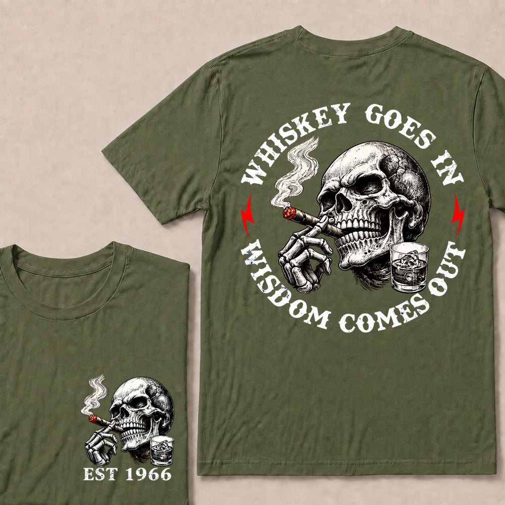 Whiskey Goes In Wisdom Comes Out – Custom EST.Year Whiskey & Cigar Skull Graphic T-Shirt