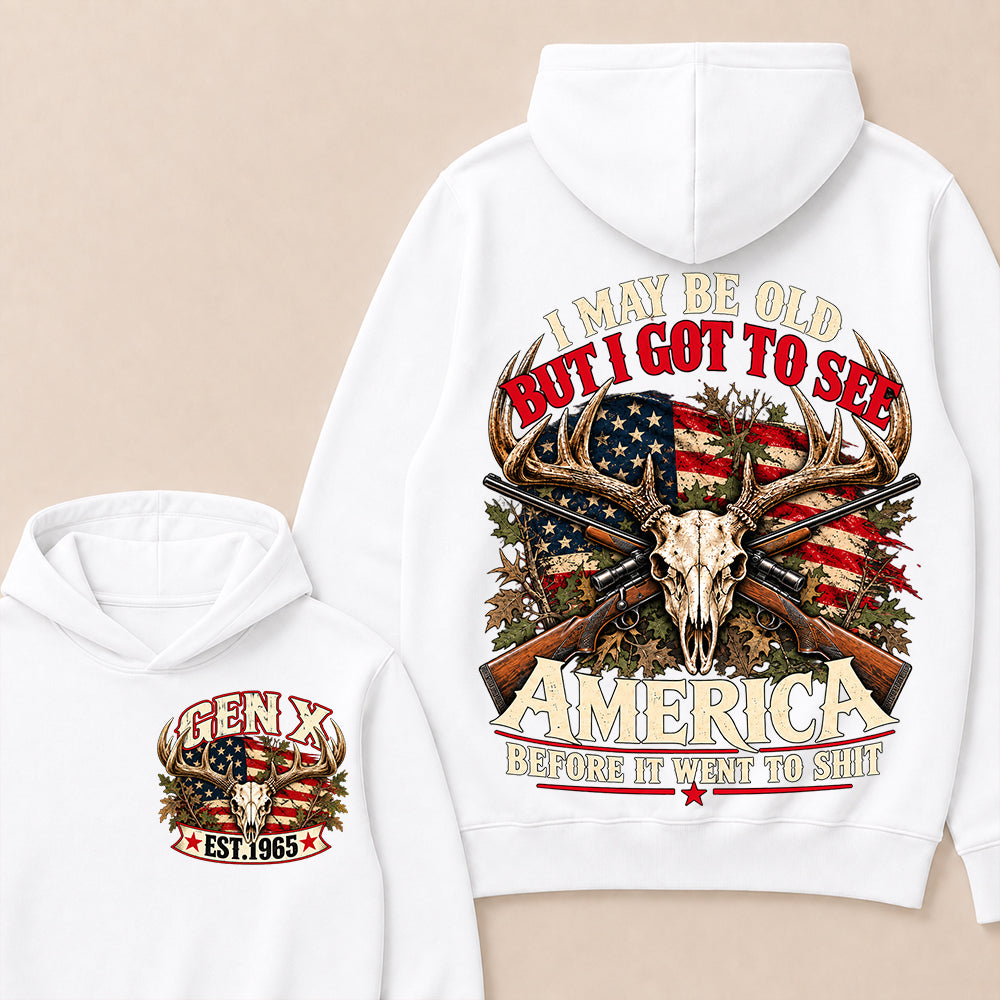 Funny Gen X Hunter Hoodie, Vintage Deer Skull American Flag Tee, Retro 1965 Hunting Gift, Patriotic Hunter Hoodie