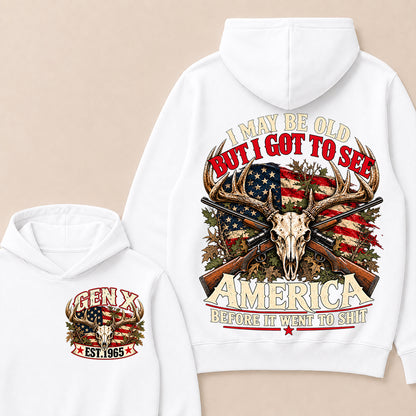 Funny Gen X Hunter Hoodie, Vintage Deer Skull American Flag Tee, Retro 1965 Hunting Gift, Patriotic Hunter Hoodie