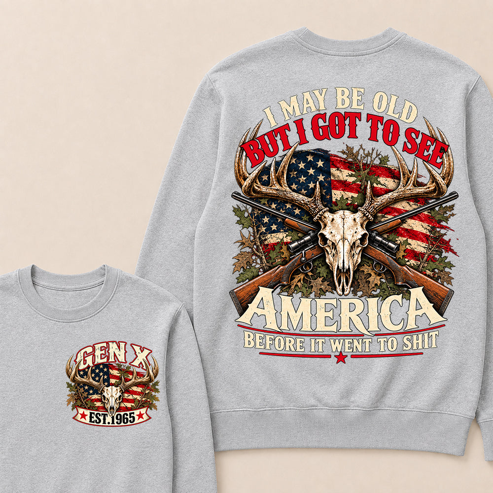 Funny Gen X Hunter Crewneck, Vintage Deer Skull American Flag Tee, Retro 1965 Hunting Gift, Patriotic Hunter Crewneck