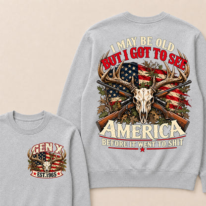 Funny Gen X Hunter Crewneck, Vintage Deer Skull American Flag Tee, Retro 1965 Hunting Gift, Patriotic Hunter Crewneck