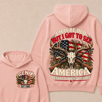 Funny Gen X Hunter Hoodie, Vintage Deer Skull American Flag Tee, Retro 1965 Hunting Gift, Patriotic Hunter Hoodie