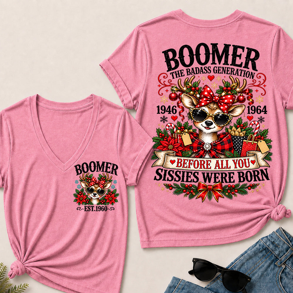 Boomer The Badass Generation – Christmas Reindeer Women's V-Neck T-Shirt