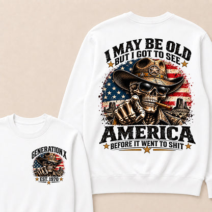Generation X EST.Year Cowboy Skull American Flag T-Shirt I May Be Old But I Got To See America Vintage Western Patriotic Sweatshirt
