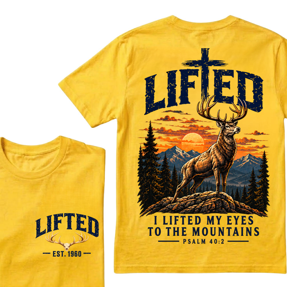 Custom EST.Year Lifted I Lifted My Eyes To The Mountains – Christian Deer & Mountain Graphic Tee