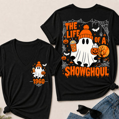 The Life of a Showghoul – Custom Birth Year Halloween Ghost & Pumpkin Women’s V-Neck T-Shirt