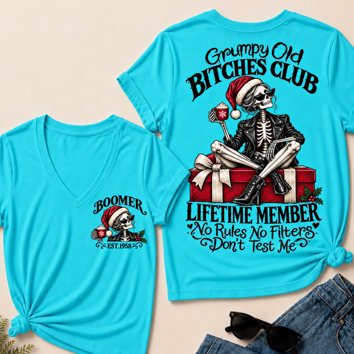 Grumpy Old Bitches Club Lifetime Member – Boomer Custom EST. Year Christmas Skeleton Women’s V-Neck T-Shirt