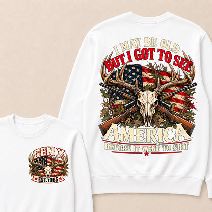 Funny Gen X Hunter Crewneck, Vintage Deer Skull American Flag Tee, Retro 1965 Hunting Gift, Patriotic Hunter Crewneck