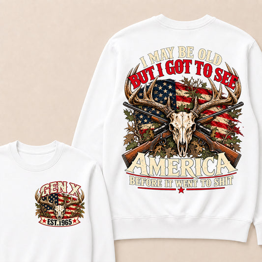 Funny Gen X Hunter Crewneck, Vintage Deer Skull American Flag Tee, Retro 1965 Hunting Gift, Patriotic Hunter Crewneck