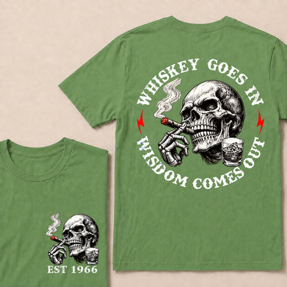 Whiskey Goes In Wisdom Comes Out – Custom EST.Year Whiskey & Cigar Skull Graphic T-Shirt