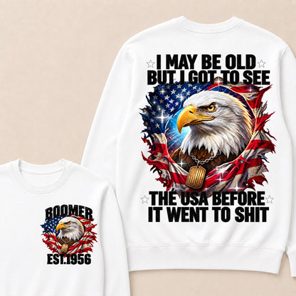 Boomer EST.Year I May Be Old But I Got To See America Longhorn Skull Retro Patriotic Eagle Sweatshirt