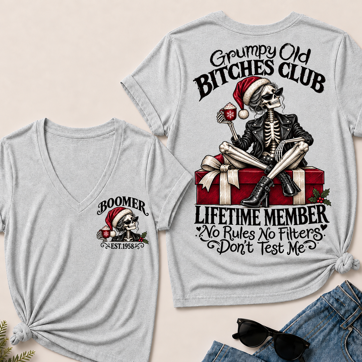 Grumpy Old Bitches Club Lifetime Member – Boomer Custom EST. Year Christmas Skeleton Women’s V-Neck T-Shirt