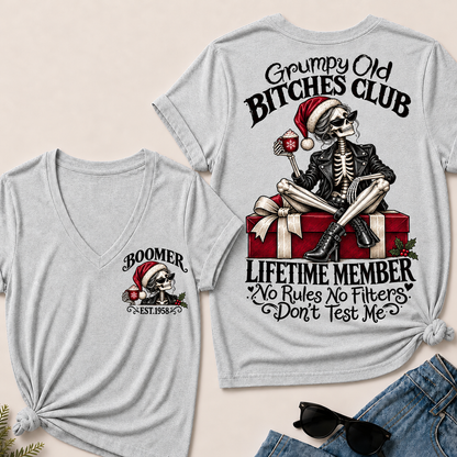 Grumpy Old Bitches Club Lifetime Member – Boomer Custom EST. Year Christmas Skeleton Women’s V-Neck T-Shirt