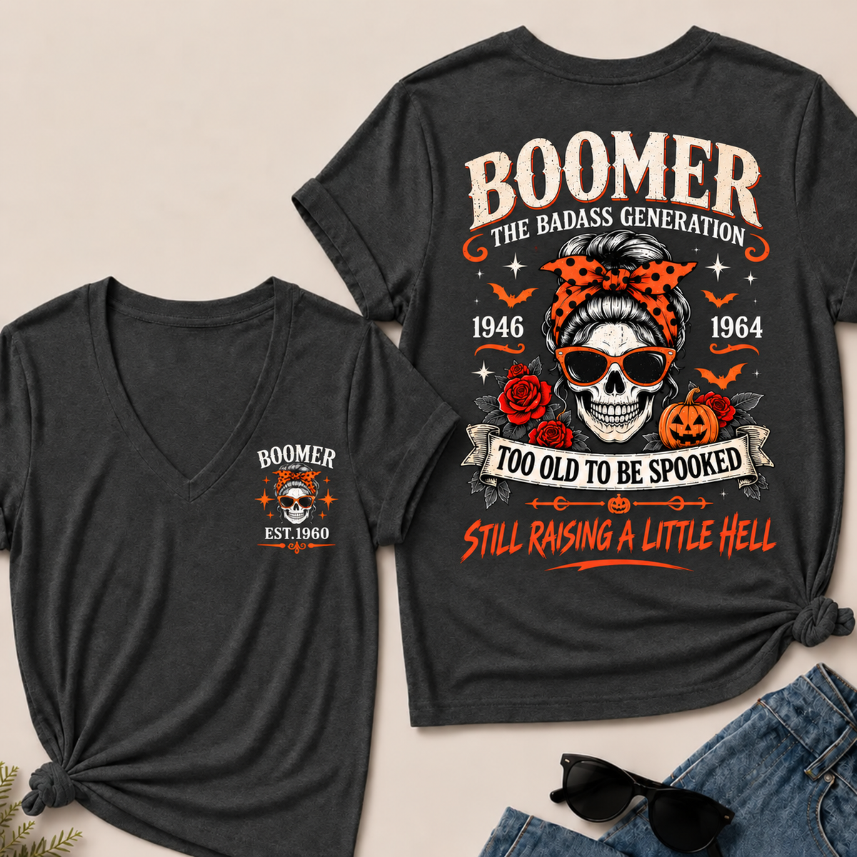 Personalized Boomer Too Old To Be Spooked Halloween V-Neck T-Shirt