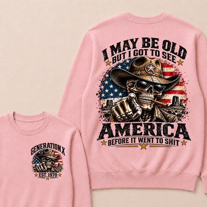 Generation X EST.Year Cowboy Skull American Flag T-Shirt I May Be Old But I Got To See America Vintage Western Patriotic Sweatshirt