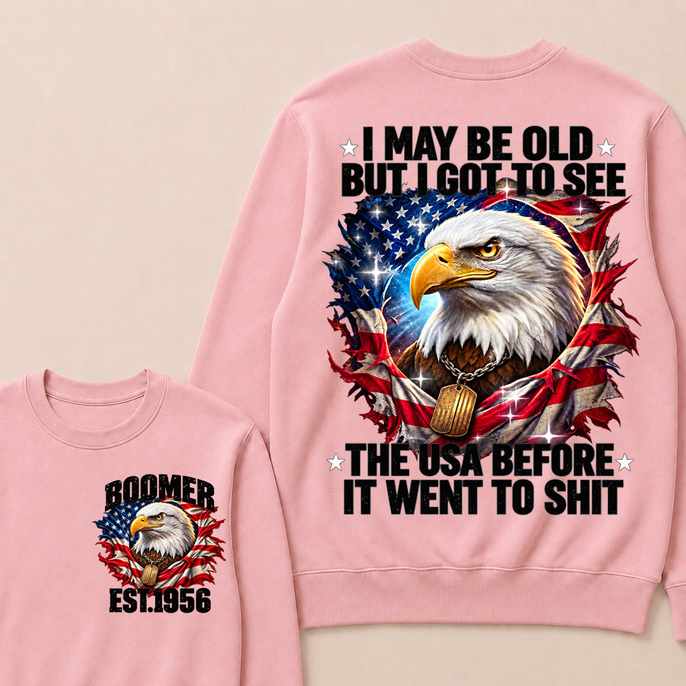 Boomer EST.Year I May Be Old But I Got To See America Longhorn Skull Retro Patriotic Eagle Sweatshirt