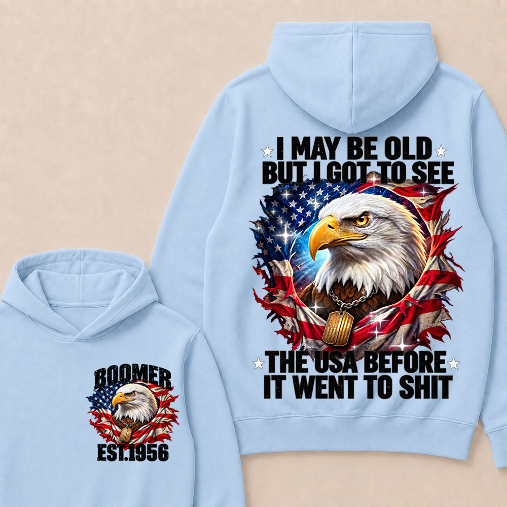 Boomer EST.Year I May Be Old But I Got To See America Longhorn Skull Retro Patriotic Eagle Hoodie