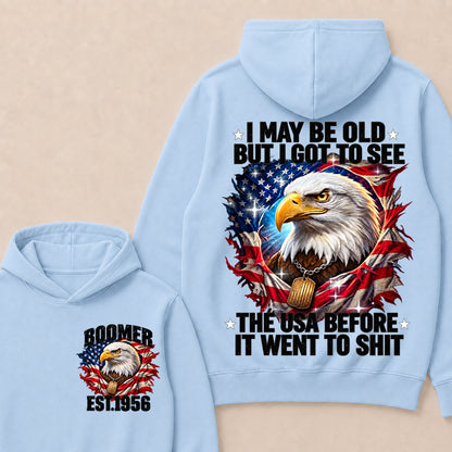Boomer EST.Year I May Be Old But I Got To See America Longhorn Skull Retro Patriotic Eagle Hoodie