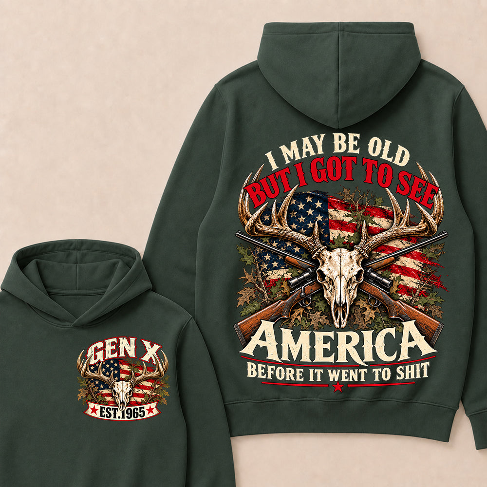Funny Gen X Hunter Hoodie, Vintage Deer Skull American Flag Tee, Retro 1965 Hunting Gift, Patriotic Hunter Hoodie