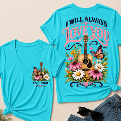 I Will Always Love You – Custom EST.Year Floral Guitar & Butterfly Women’s V-Neck T-Shirt