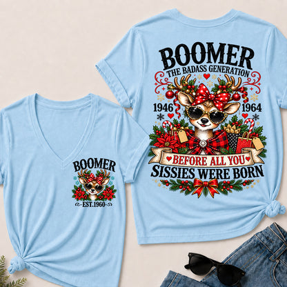 Boomer The Badass Generation – Christmas Reindeer Women's V-Neck T-Shirt