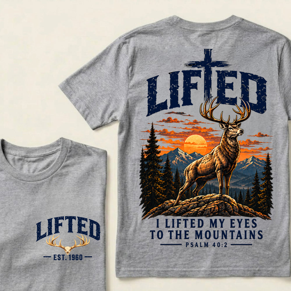 Custom EST.Year Lifted I Lifted My Eyes To The Mountains – Christian Deer & Mountain Graphic Tee